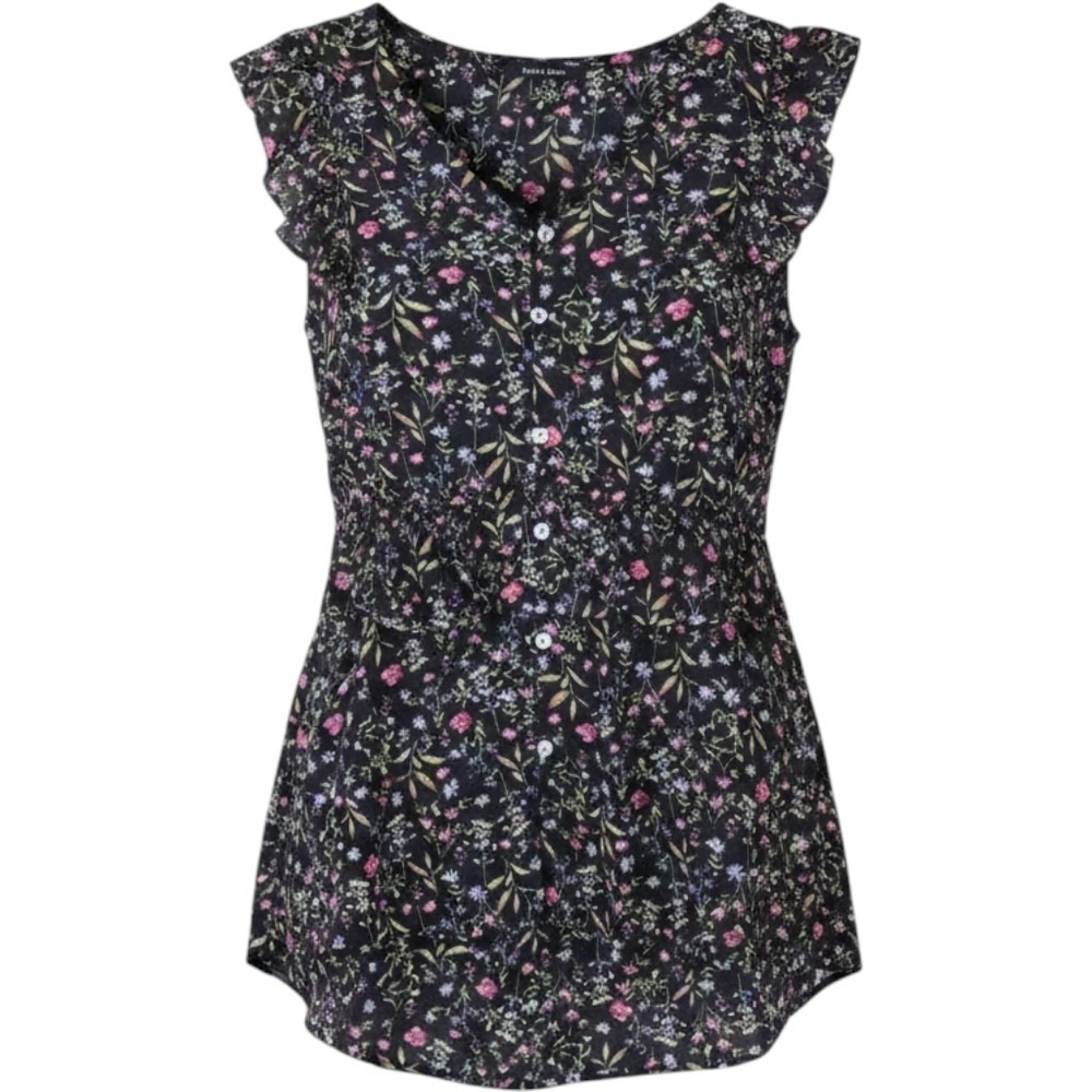 Doe & Rae Black Floral Ruffle Peplum Sleeveless Button‎ Front V-Neck Blouse Top